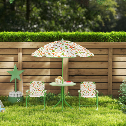 AIYAPLAY 4 Pieces Kids Garden Table and Chair Set with Adjustable Parasol, Folding Chairs, Table, Fox Pattern, Green / Pink