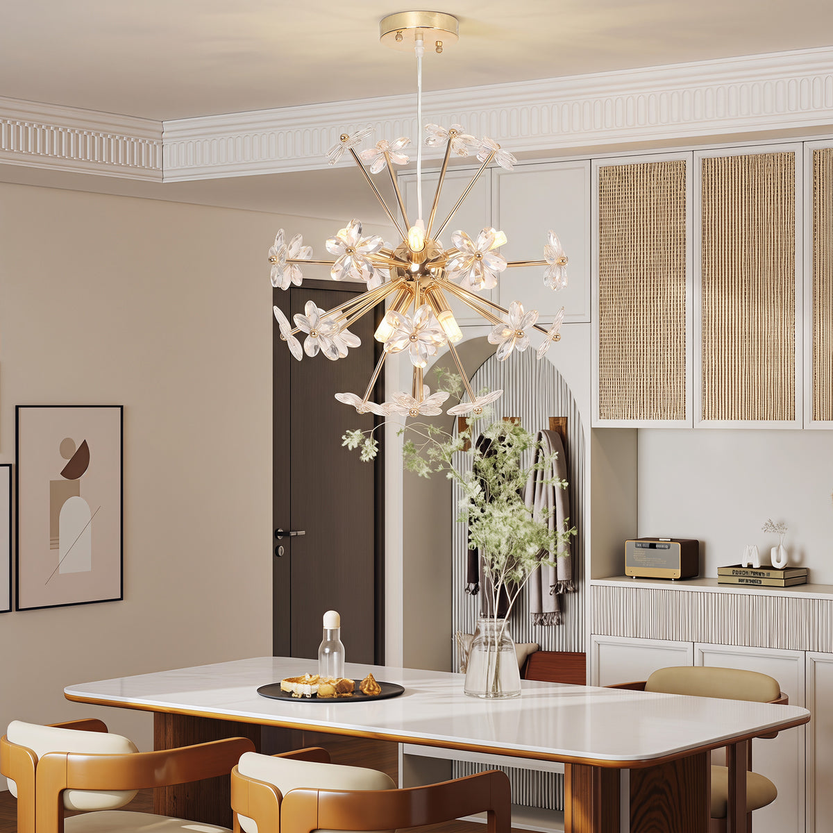 Crystal Flower Chandelier | Gold Tone Ceiling Light with 8 G9 Bulb Holders & Adjustable Suspension | Clear