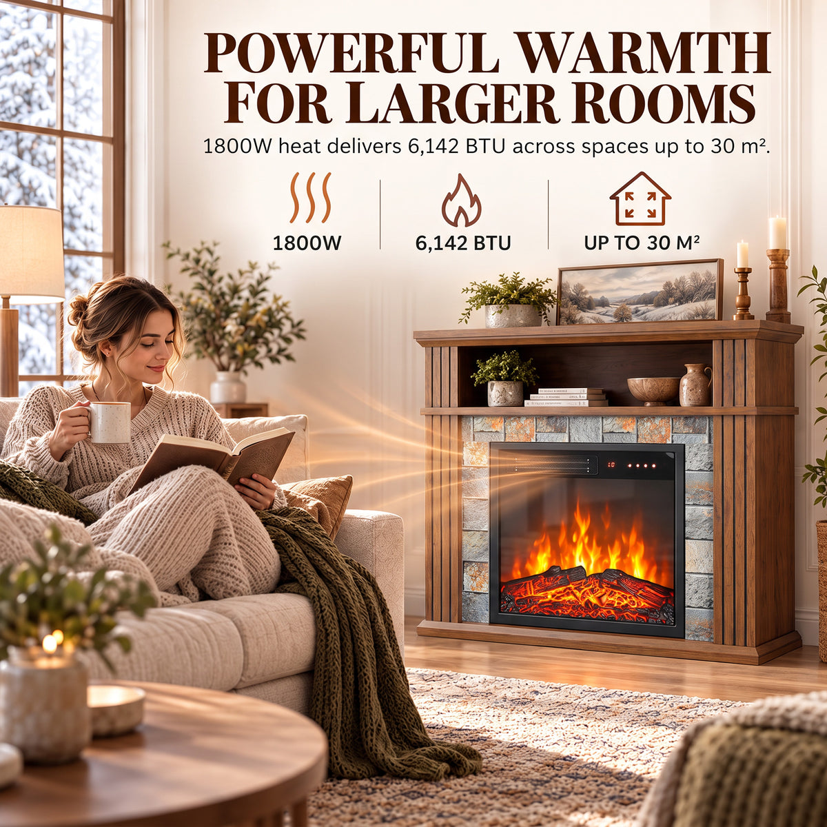 Electric Fireplace Suite | 1800W Fire & Wood-Effect Surround | 78cm, Open Shelf & Roman-Style Pillars | Remote, Timer & Memory