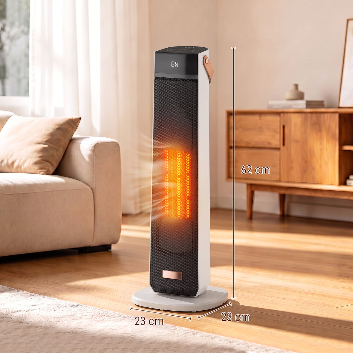 Beige 2000W Ceramic Tower Heater | LED Flame Effect & 70° Oscillation | ECO Mode, 20–40°C Thermostat | 12-Hour Timer & Remote