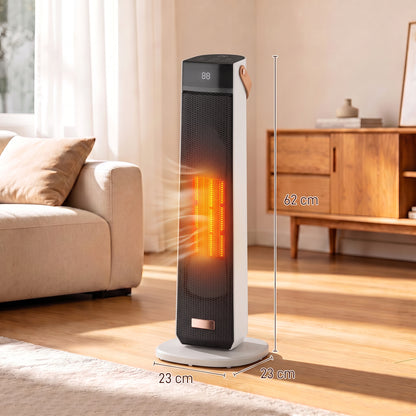 Beige 2000W Ceramic Tower Heater | LED Flame Effect & 70° Oscillation | ECO Mode, 20–40°C Thermostat | 12-Hour Timer & Remote