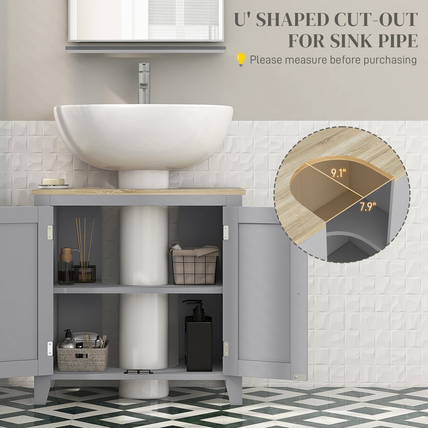 Kleankin Under Sink Cabinet, Bathroom Sink Cabinet with 2 Doors, Pedestal Under Sink Design, Freestanding Bathroom Cupboard with Adjustable Shelf, Grey