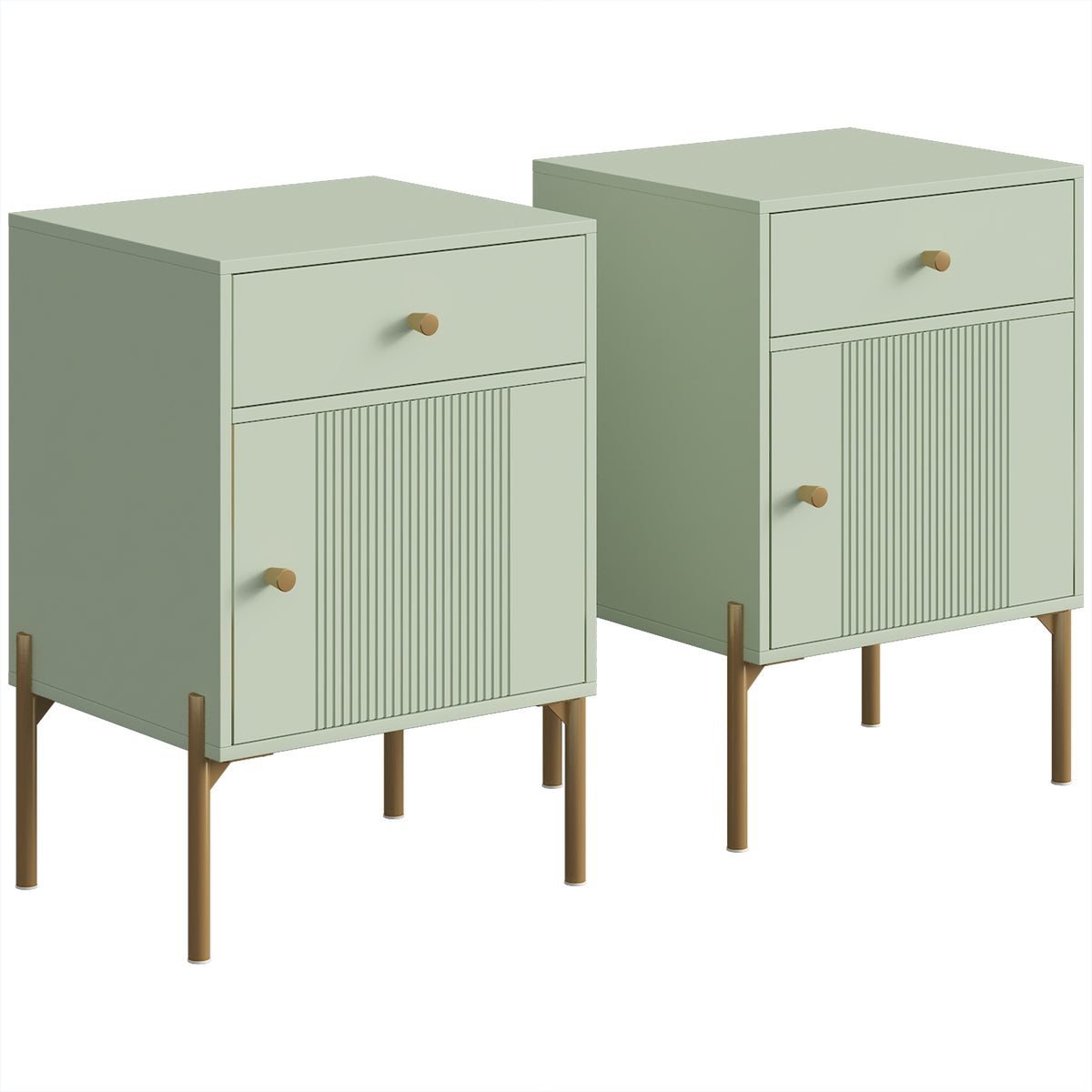 Set of 2 Modern End Tables | Light Green | Particleboard Metal Legs | 40x35x60cm Each | Drawer Cabinet & Shelf | 40kg | Melamine Surface | Metal Slide Runners | Living Room Bedroom