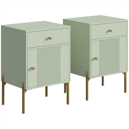 Set of 2 Modern End Tables | Light Green | Particleboard Metal Legs | 40x35x60cm Each | Drawer Cabinet & Shelf | 40kg | Melamine Surface | Metal Slide Runners | Living Room Bedroom