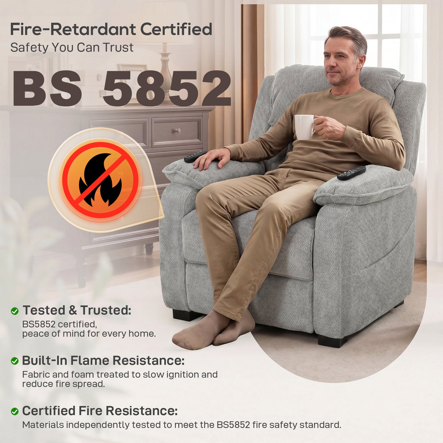 Power Recliner Armchair with Massage & Heat | Electric Reclining Chair | Wide Spring Seat | Light Grey