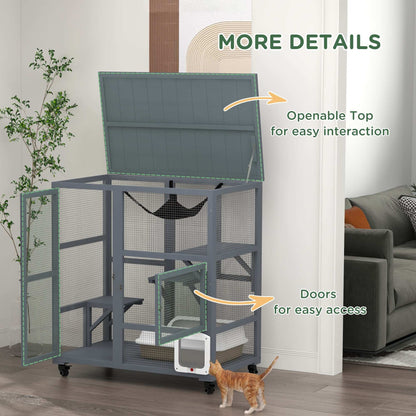 PawHut Cat Cage House, Catio Cat Outdoor Enclosure on Wheels, Weather-Resistant Wooden Kitty Cage W/ Platforms, 100L x 60W x 110Hcm - Light Grey