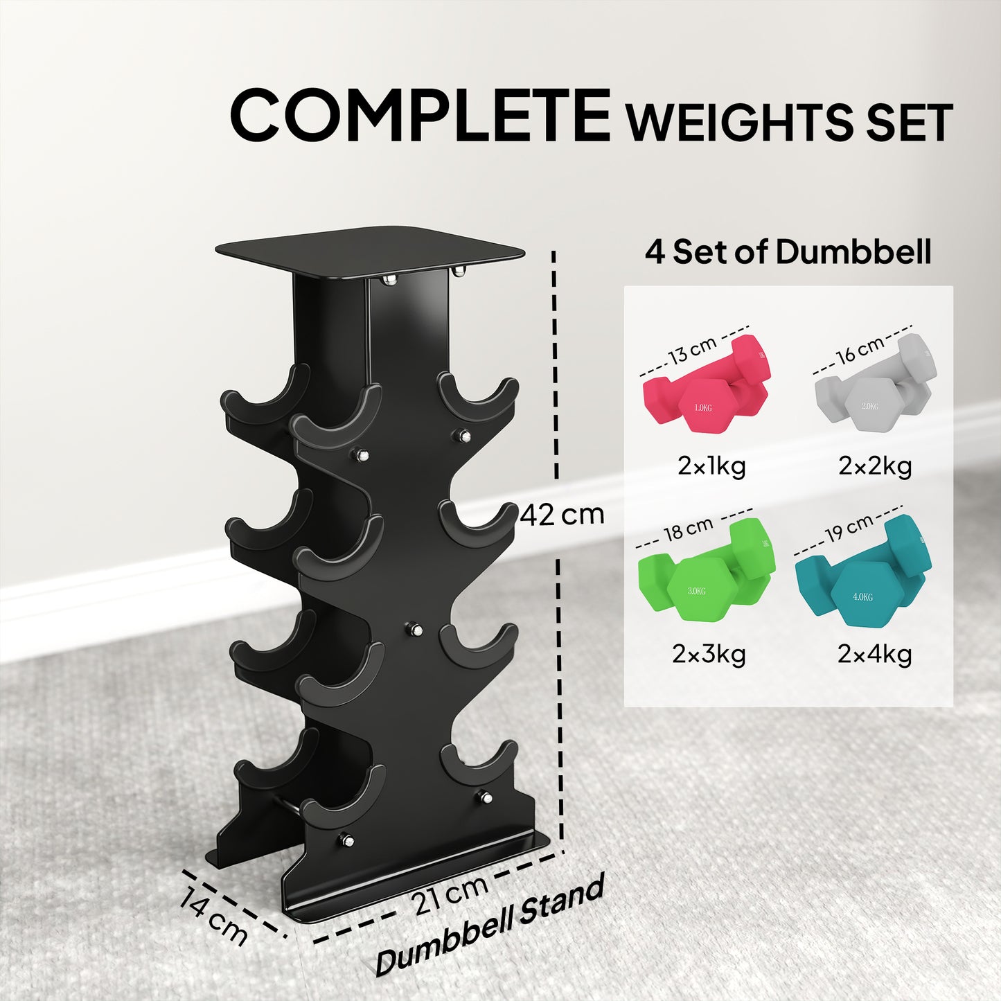 SPORTNOW Hex Dumbbells Set with Dumbbell Rack, Hand Weights for Home Gym Strength Training, 2 x 1kg, 2 x 2kg, 2 x 3kg, 2 x 4kg