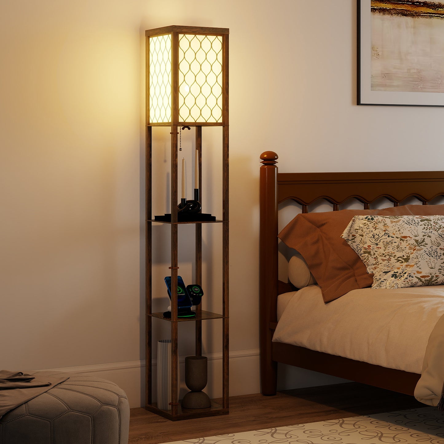 Three-Shelf Standing Lamp - Rustic Brown/White