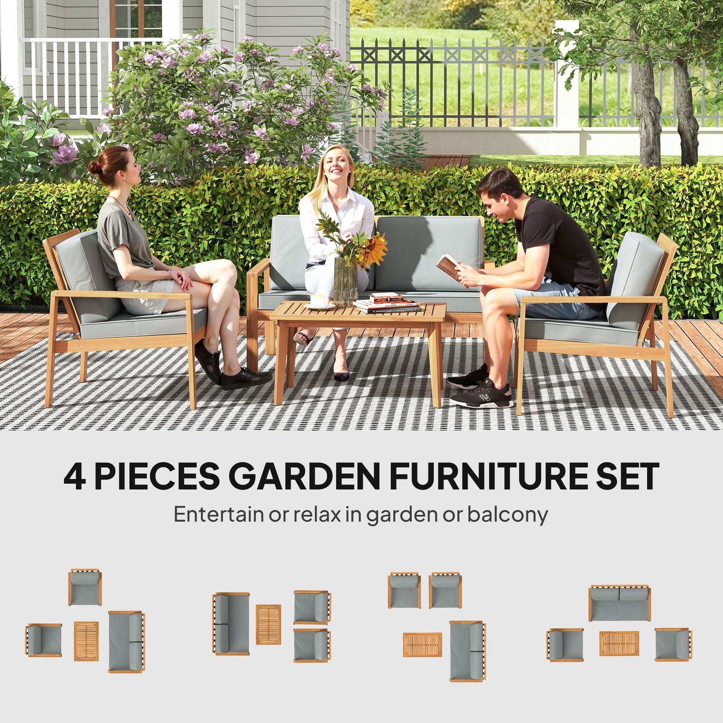 Outsunny 4-Piece Acacia Wooden Garden Furniture Set with Cushions - Teak