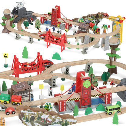 AIYAPLAY 100 Piece Wooden Train Set for Kids 3+ Years with Track, Crane, Battery Operated Train