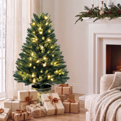 4ft Pre-Lit Artificial Christmas Tree | 750 PE & PVC Branch Tips | 80 Warm White LED Lights | Flame-Retardant | Metal Pole & Decorative Pot Base | 30–40 Min Setup | Φ62x120cm | Indoor | Green