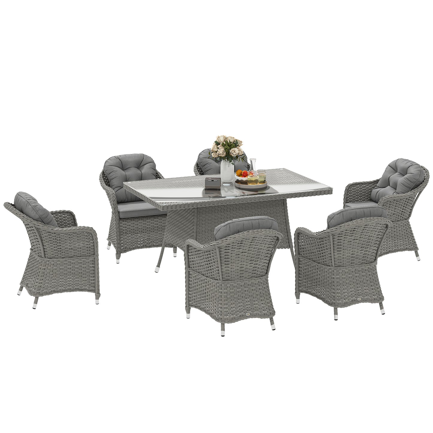 6 Seater Outdoor Garden Furniture Dining Set with Seat and Back Cushions, PE Rattan Table and Chairs, Rectangular Glass Top Table
