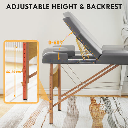 Foldable Massage Table with Beech Wood Legs - Grey / Black