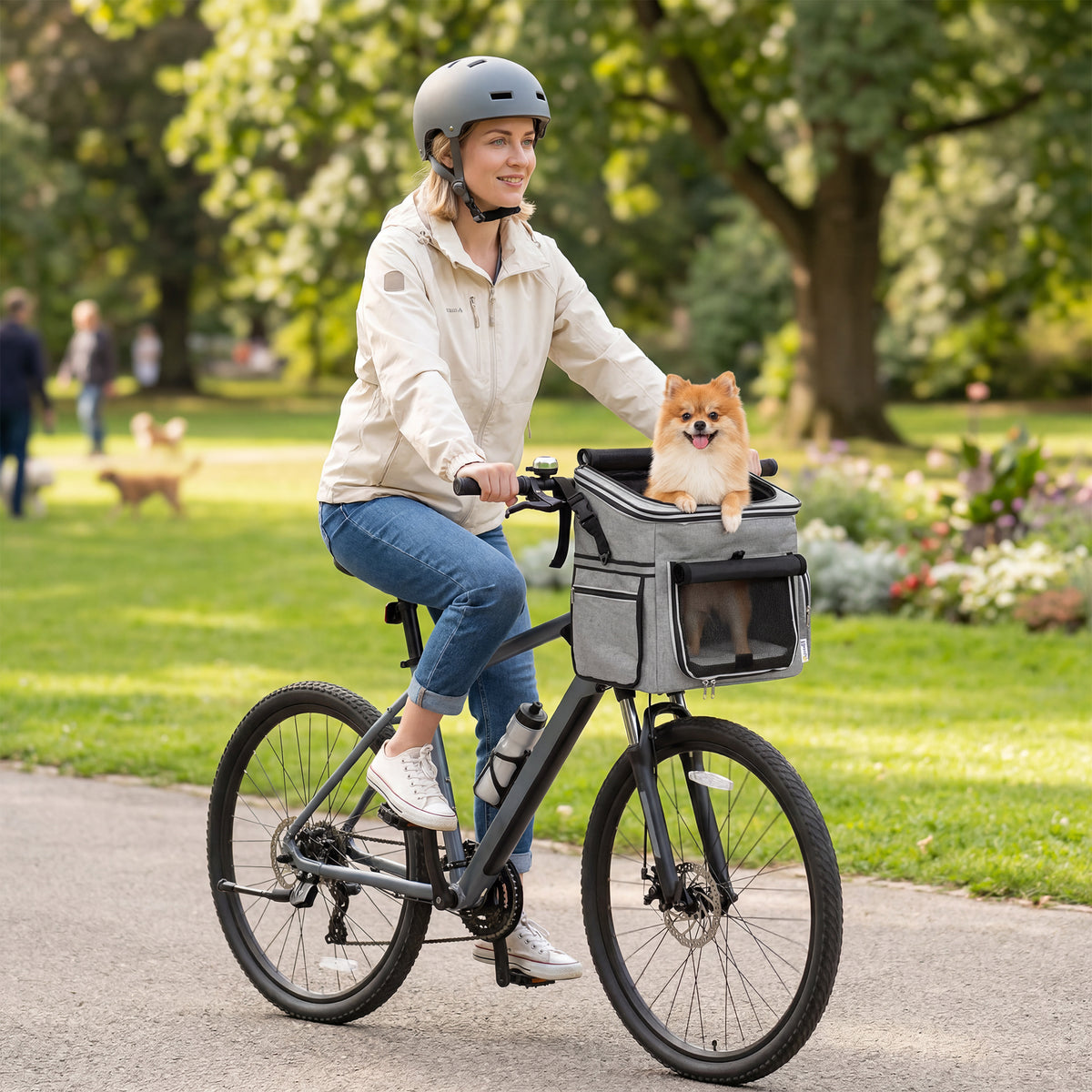 Dog Bike Basket Soft-Sided Pet Carrier | Security Leash | Mesh Doors & Windows | Plush Cushion | Roller Blind | Side Pockets | Includes Bowl | 5kg Capacity | 33x26x35cm | 300D Cloth | Light Grey