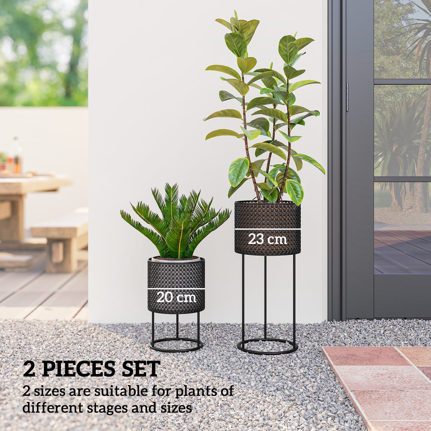 Set of 2 Powder-Coated Metal Plant Pots | Hollow Woven Design | Stackable | 10kg Large Ø23x50cm | 8kg Small Ø20x30cm | Patio Balcony & Indoor | Black