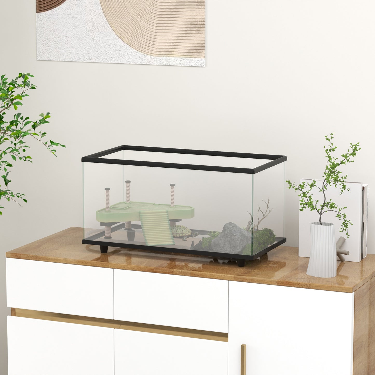 PawHut 50L Glass Turtle Tank Aquarium with Basking Platform, Easy-Drain, Strip Patch Thermometer