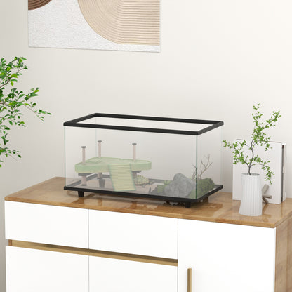 PawHut 50L Glass Turtle Tank Aquarium with Basking Platform, Easy-Drain, Strip Patch Thermometer