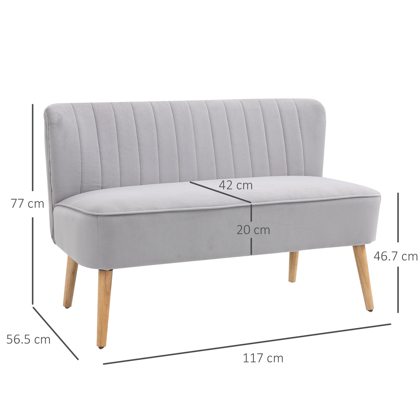 Modern Velvet Double Seat Sofa w/ Wood Frame Foam Padding Soft Comfortable Compact Couch Light Grey