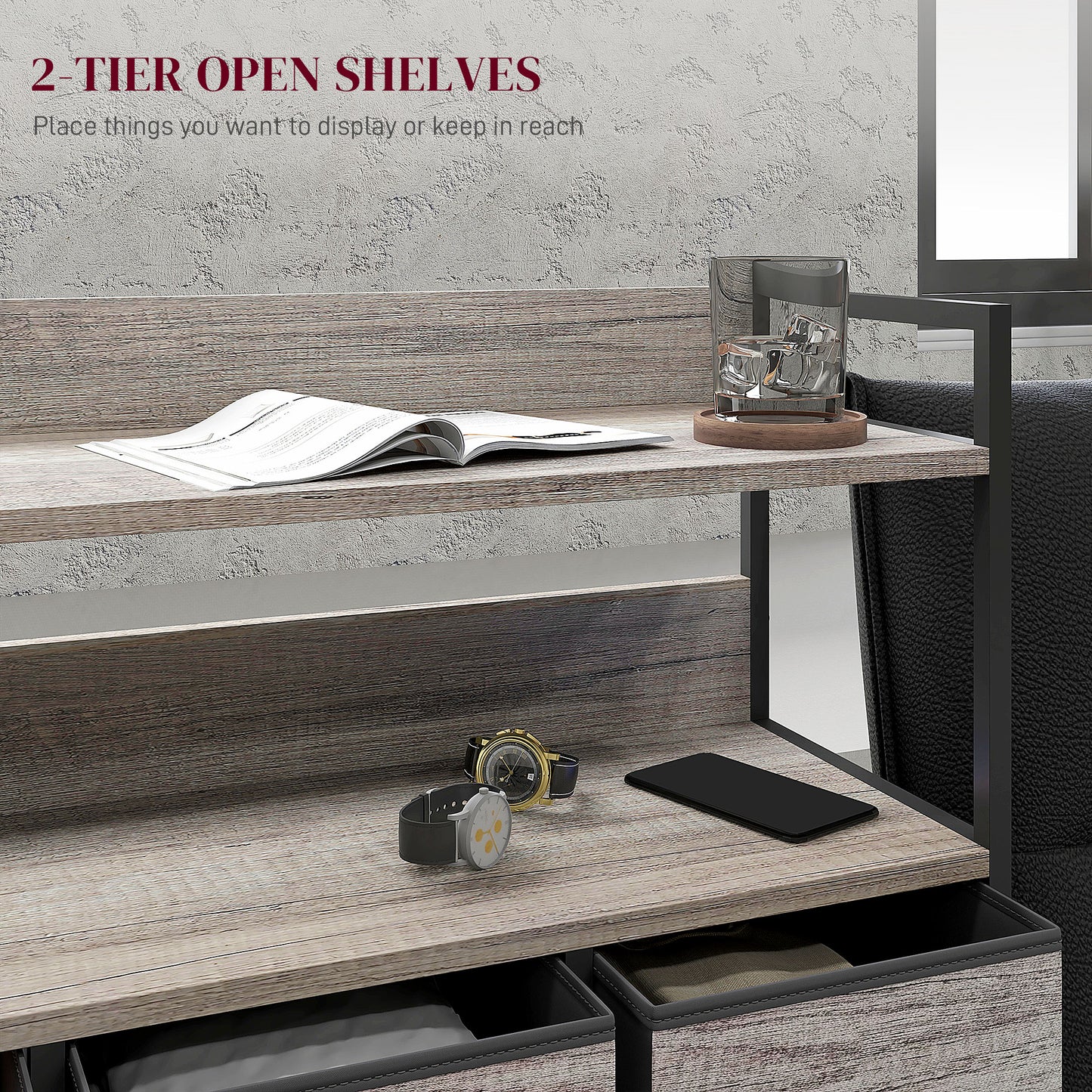 Retro Style Rustic Chest of Seven Fabric Drawers - Grey Wood Effect