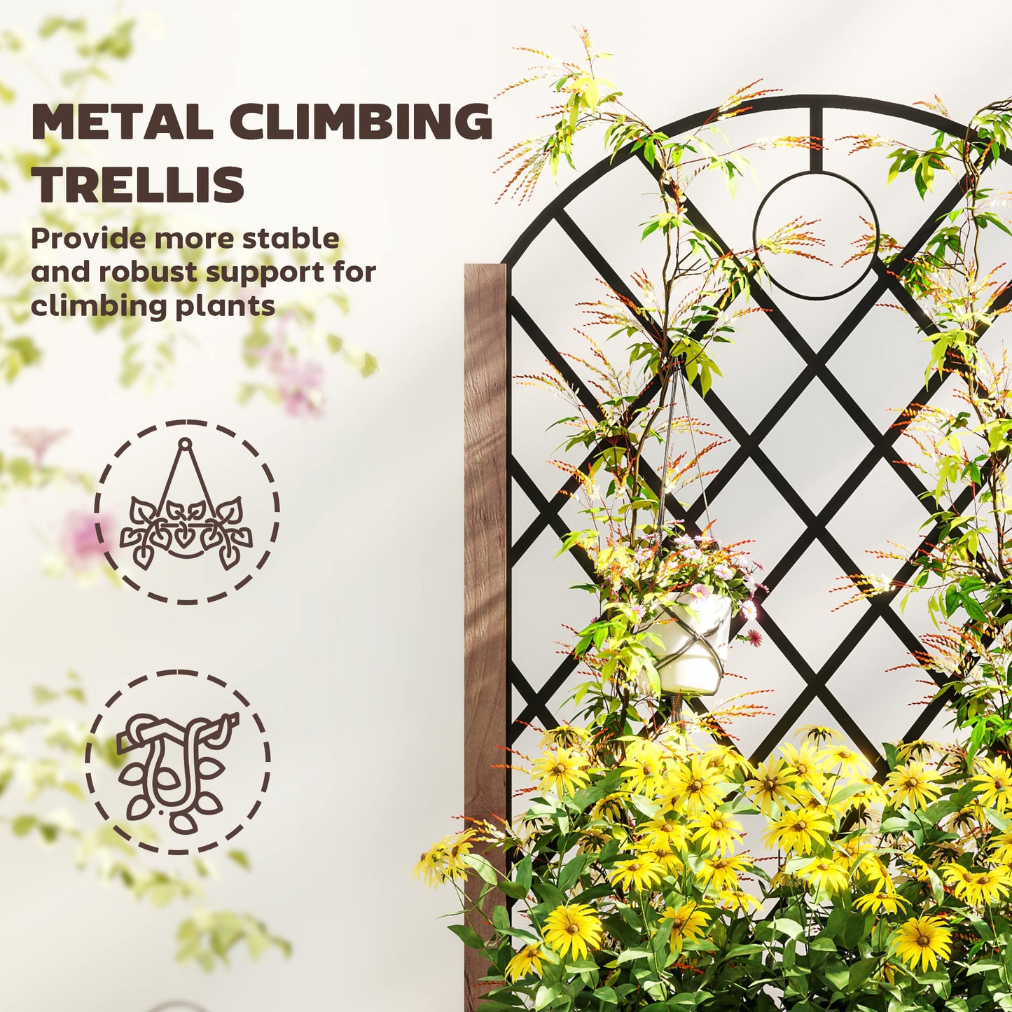 Raised Garden Bed W/ Metal Trellis, Pack of 2 Wooden Elevated Planter & Wheels and Drainage Holes for Climbing Plants, Fruits, Vegetables, Flowers