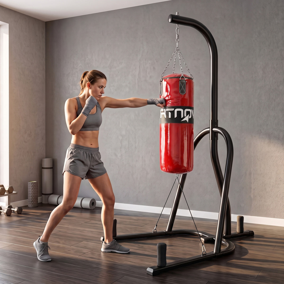Freestanding Boxing Punching Bag with Stand | 20 kg Heavy Bag, 120 kg Frame, 360° Rotating Chain & Weight Plate Storage | Red