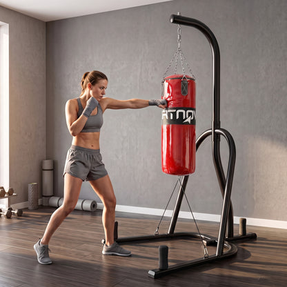 Freestanding Boxing Punching Bag with Stand | 20 kg Heavy Bag, 120 kg Frame, 360° Rotating Chain & Weight Plate Storage | Red
