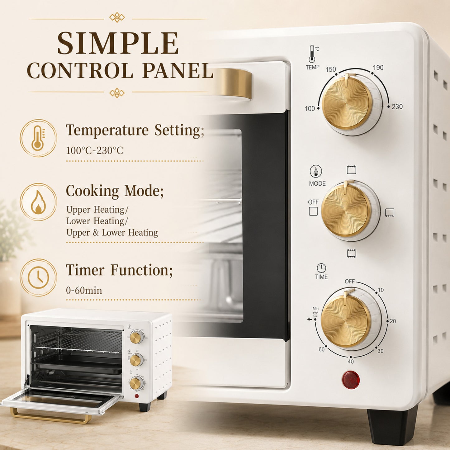 21L Mini Countertop Oven | Adjustable Temperature 100-230°C | 60-Min Timer | White