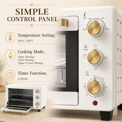 21L Mini Countertop Oven | Adjustable Temperature 100-230°C | 60-Min Timer | White