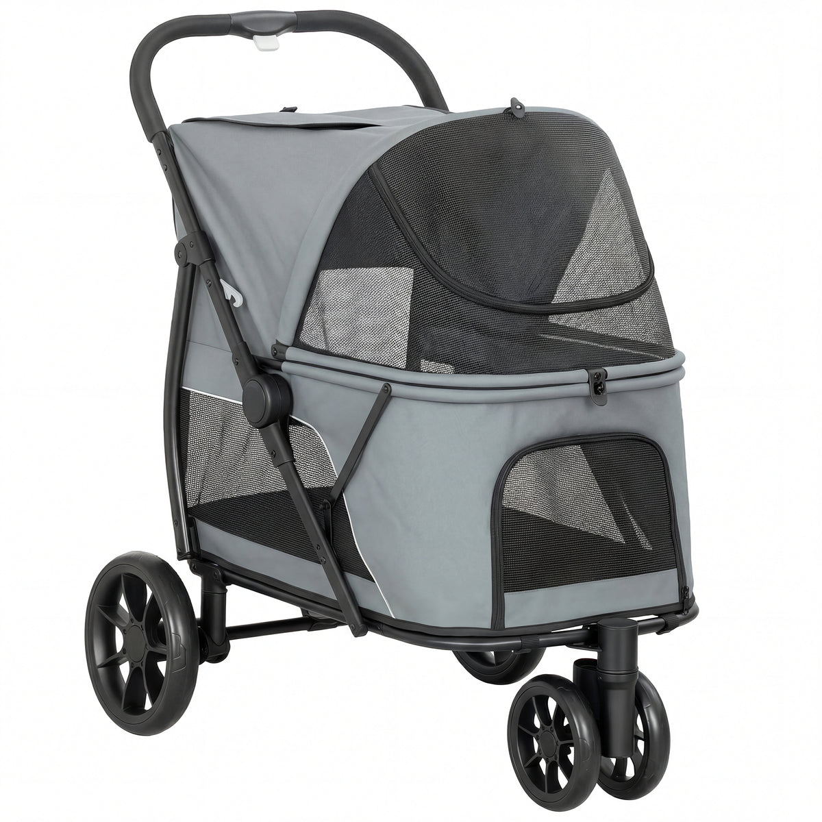 3-Wheel Dog Stroller | Dual Entry | One-Click Fold | Panoramic Mesh Windows | Washable Cushion | 600D Oxford | 20kg | Grey