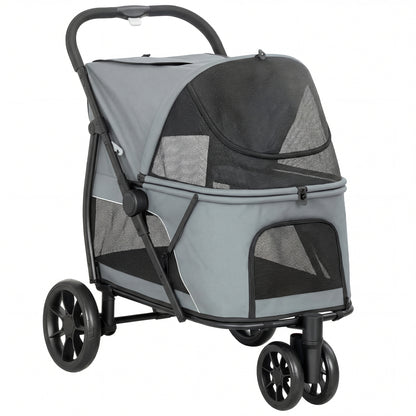 3-Wheel Dog Stroller | Dual Entry | One-Click Fold | Panoramic Mesh Windows | Washable Cushion | 600D Oxford | 20kg | Grey