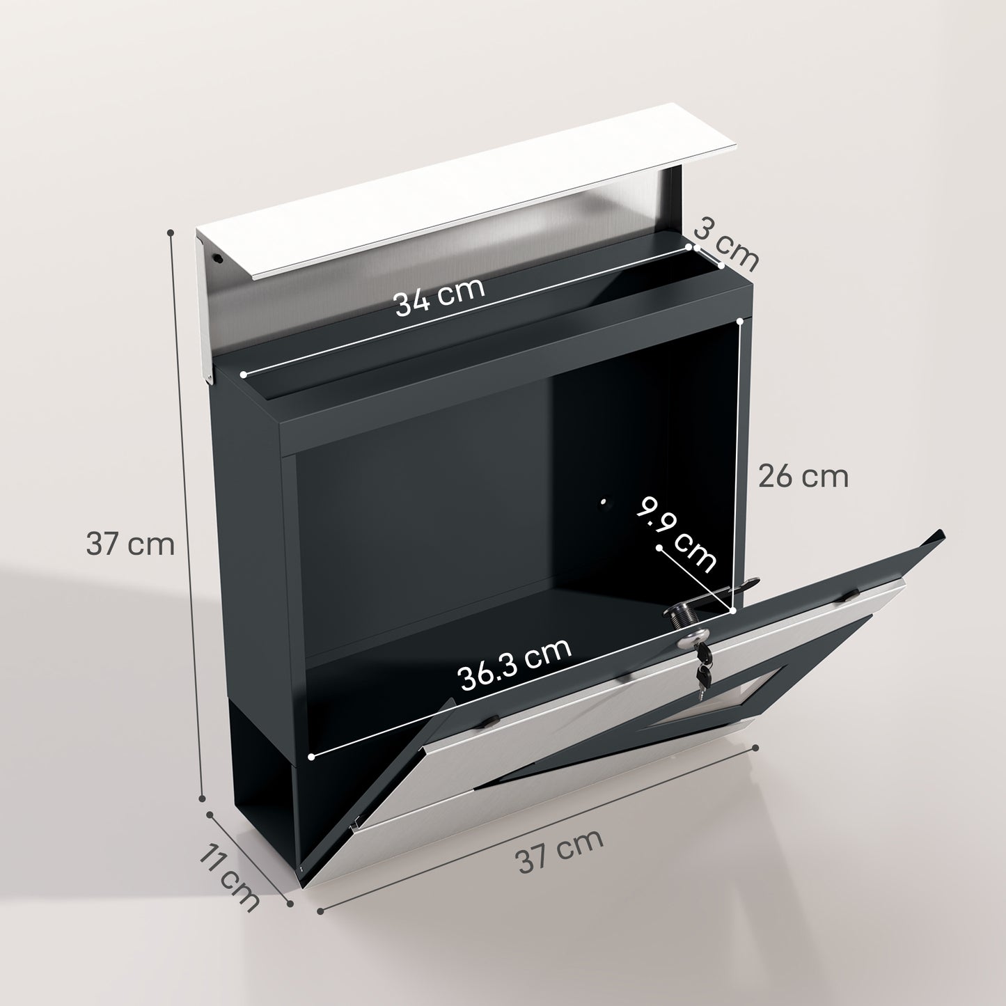 Wall Mounted Post Box with Viewing Window, 2 Lock, Modern Galvanised Steel Mailbox with Copper Core, Weatherproof Letterbox - Silver