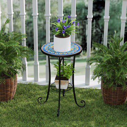 Round Mosaic Garden Bistro Side Table | Dia 35.5x54.5cm | Ceramic Tile Top | Lower Shelf | Electrophoretic Metal Frame | 30kg | Blue