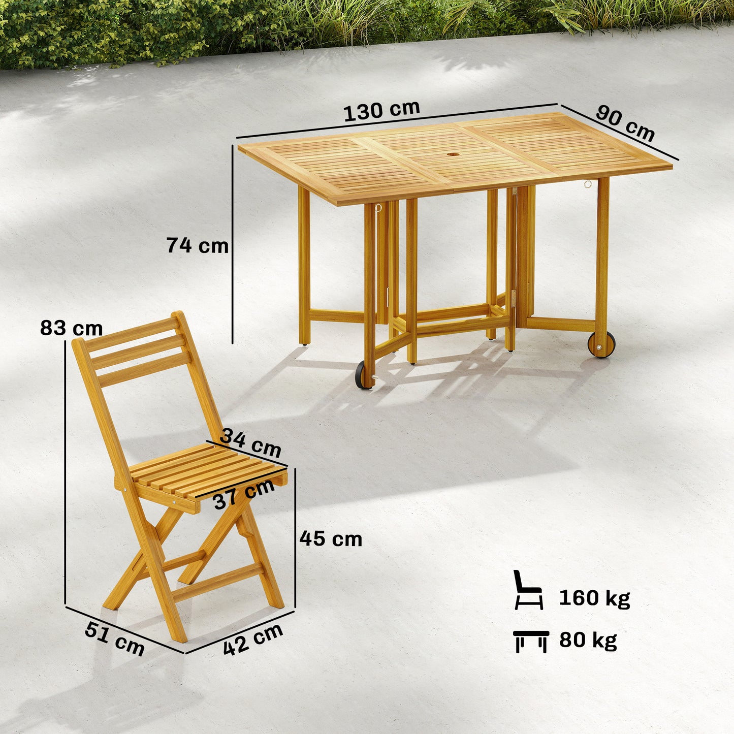 FSC Acacia 7-Piece Garden Dining Set | Extending Table | 6 Folding Chairs | Umbrella Hole | 130cm | Natural Wood