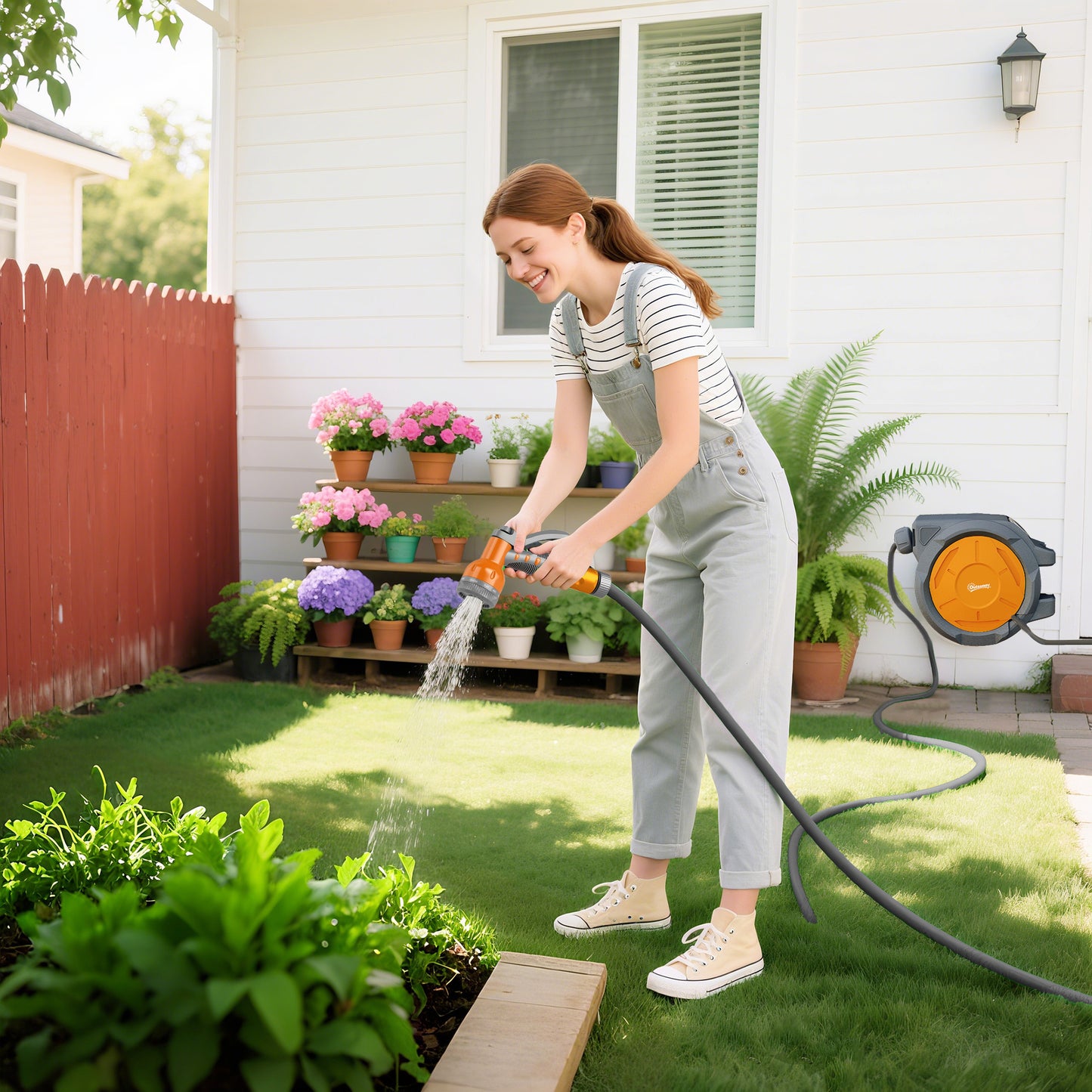 Outsunny Retractable Hose Reel Wall Mounted, 30+2m Garden Hose Pipe Reel with Lock, Auto Rewind, 7 in 1 Spray Nozzle, Includes Wall Fixings, 180° Swivel, Outdoor Watering, Orange
