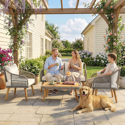 Outsunny 4 Piece Rattan Garden Furniture Set with Loveseat, Armchairs, Wood Table, Wicker Patio Conversation Set, Cream White