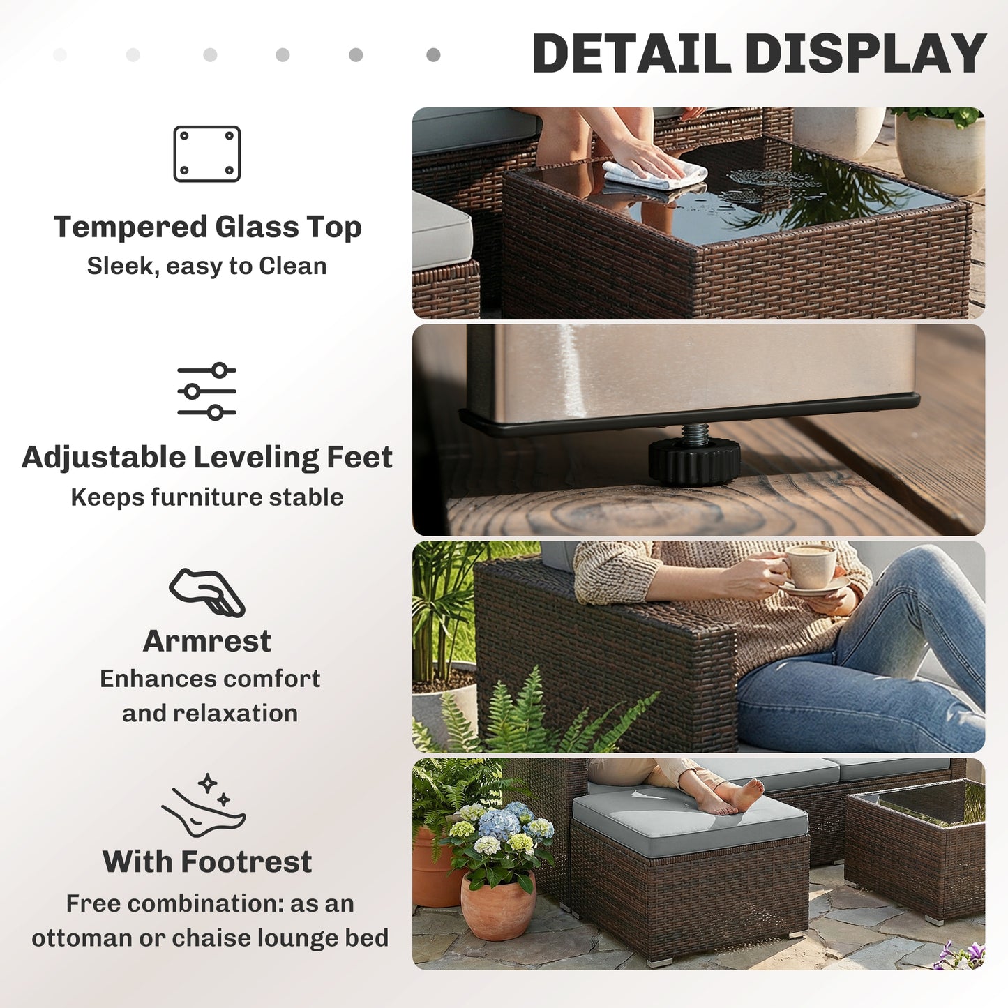 3 Piece Rattan Garden Sofa Set | 3 Seater Sofa | Ottoman | Coffee Table | Tempered Glass | Galvanised Steel | Hand-Woven PE Rattan | Zipped Cushions | 360kg | Light Grey