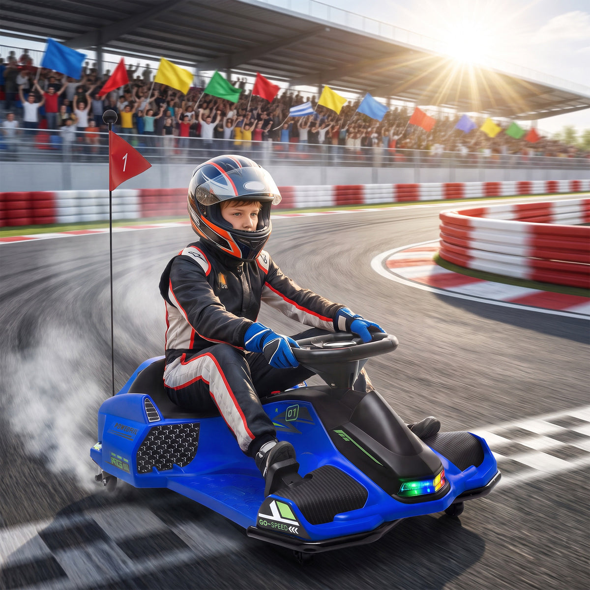 12V Kids Electric Drift Go-Kart | 2 Speeds, 3–8km/h, Soft Start & 7Ah Battery | Colourful LED Lights & Music | Blue | Ages 8–12, Max 50kg