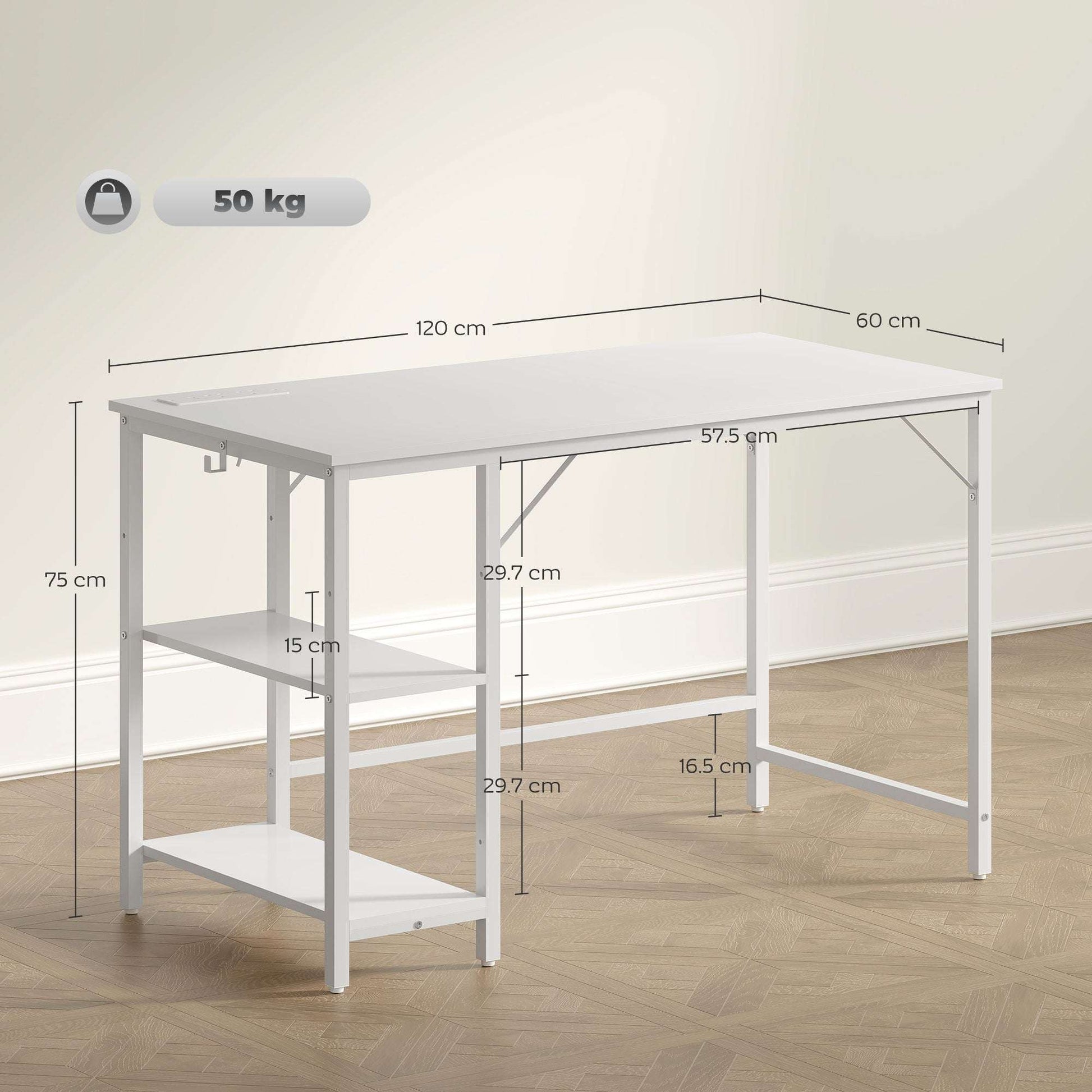 20 x 60 cm Computer Desk with Power Outlets and Reversible Shelves - White