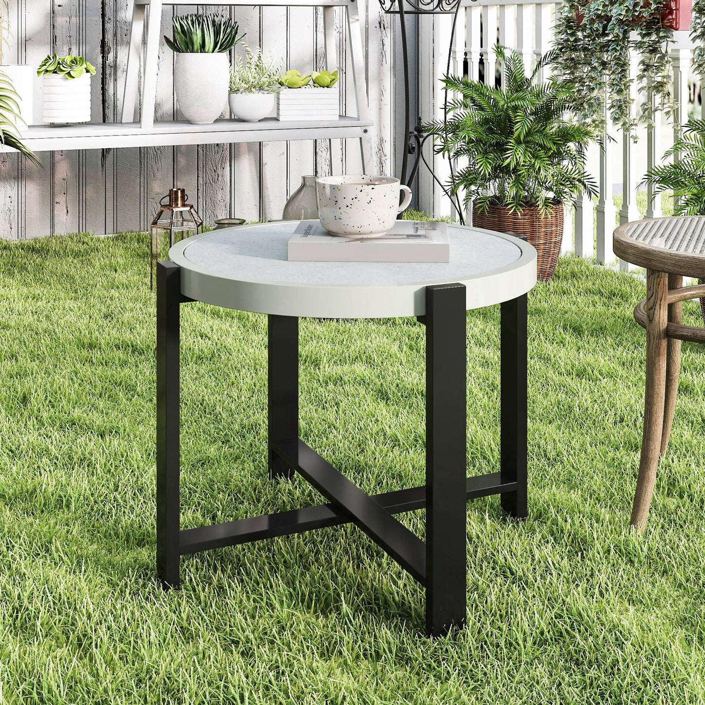 Round Small Garden Table, 60cm Outdoor Side Table with Faux Marble Tempered Glass Top, Aluminium Frame for Patio, Balcony, Light Grey