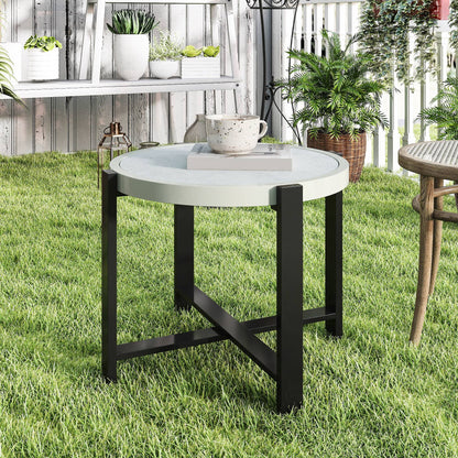 Round Small Garden Table, 60cm Outdoor Side Table with Faux Marble Tempered Glass Top, Aluminium Frame for Patio, Balcony, Light Grey