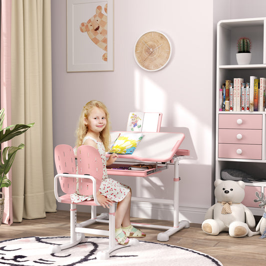AIYAPLAY Height Adjustable Kids Desk and Chair Set, School Study Writing, Reading Table Chair Set w/ Tilted Desktop, Pink / Grey