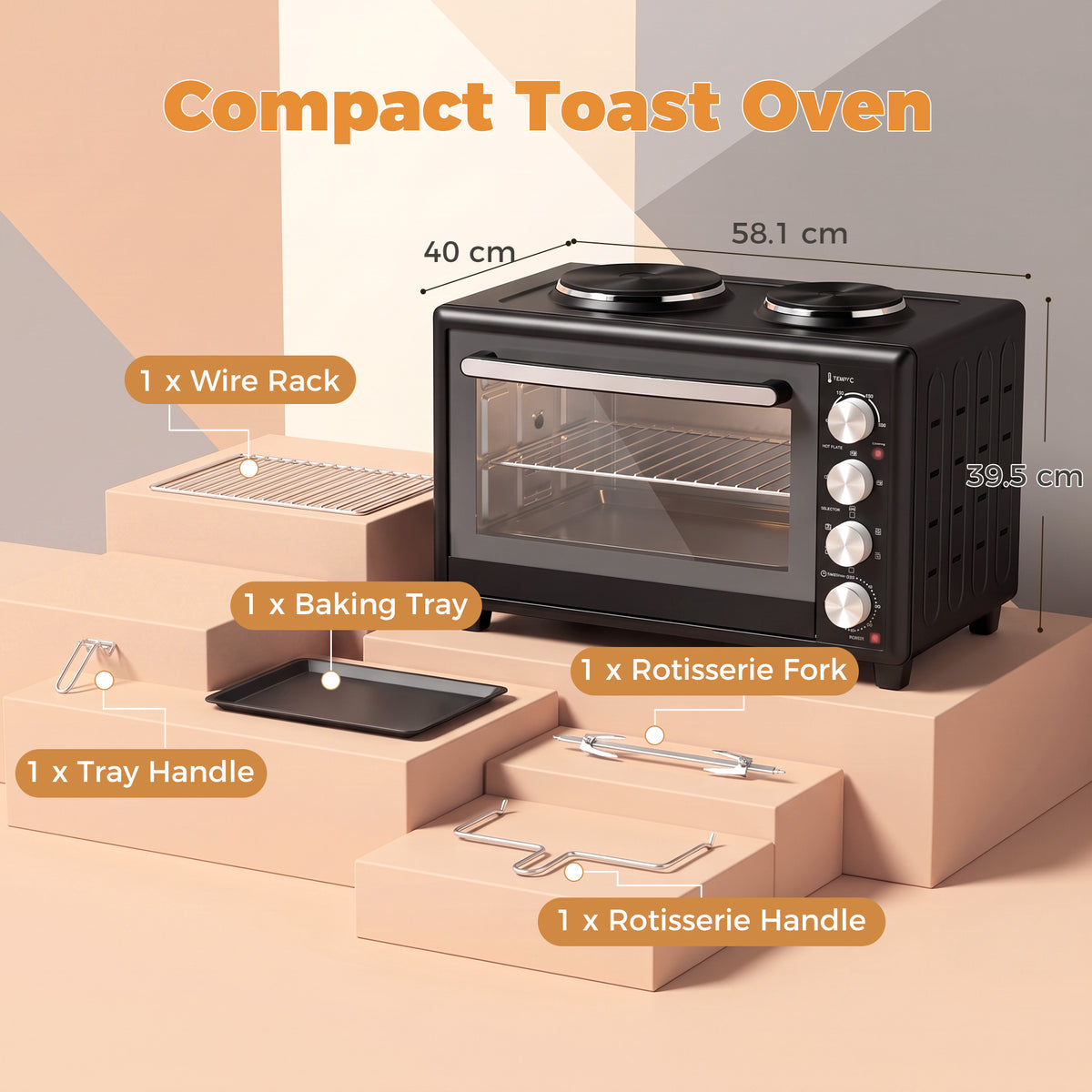 Countertop Mini Oven | Black 36L & 46L Electric Cooker with Dual Hotplates, Convection & Rotisserie