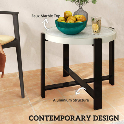 Round Small Garden Table, 60cm Outdoor Side Table with Faux Marble Tempered Glass Top, Aluminium Frame for Patio, Balcony, Light Grey