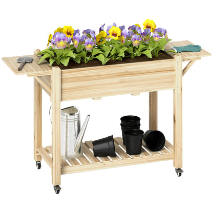 Outsunny Raised Garden Bed, Wooden Elevated Planter Box with Lockable Wheels, Side Tables and Bottom Shelf, Outdoor Planter with Liner and Drainage Holes for Vegetables, Flowers, Fruits