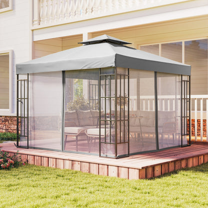 3x3m Permanent Garden Gazebo | 2-Tier Vented Polyester Roof | PA Coating Sun Protection | Removable Mosquito Netting | Solid Steel Frame | 8 Ground Stakes | 297x297x270cm | Eave Height 195cm | Light Grey