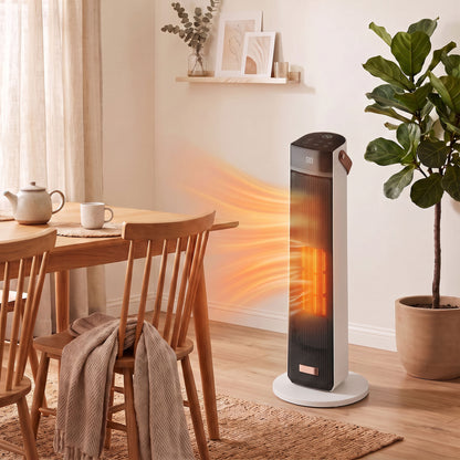 Beige 2000W Ceramic Tower Heater | LED Flame Effect & 70° Oscillation | ECO Mode, 20–40°C Thermostat | 12-Hour Timer & Remote