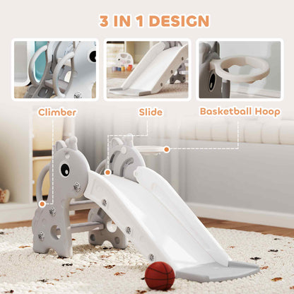 AIYAPLAY 3 in 1 Kids Slide with Climber, Basketball Hoop and Ball, Giraffe Shape Climber Slide for Indoor Kids Age 1-3, Grey