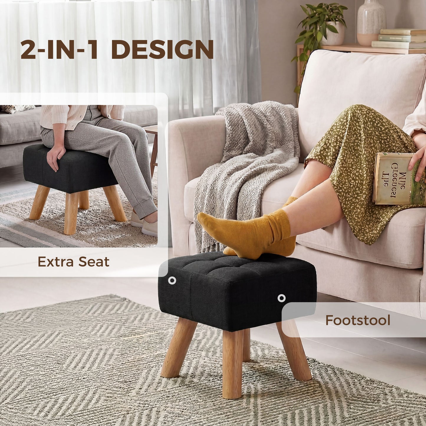 Square Padded Footstool Ottoman Pouffe | Tufted Linen-Look | Black