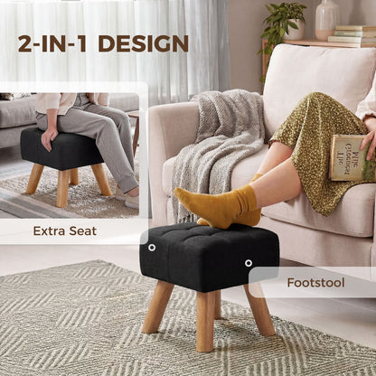 Square Padded Footstool Ottoman Pouffe | Tufted Linen-Look | Black