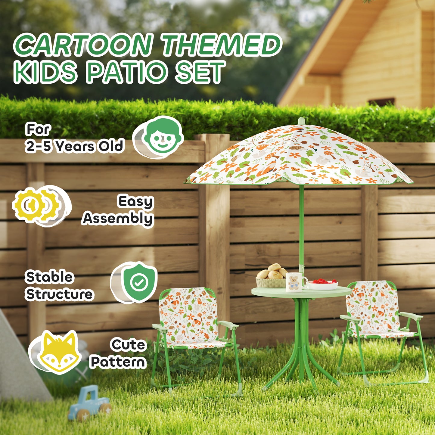 AIYAPLAY 4 Pieces Kids Garden Table and Chair Set with Adjustable Parasol, Folding Chairs, Table, Fox Pattern, Green / Pink